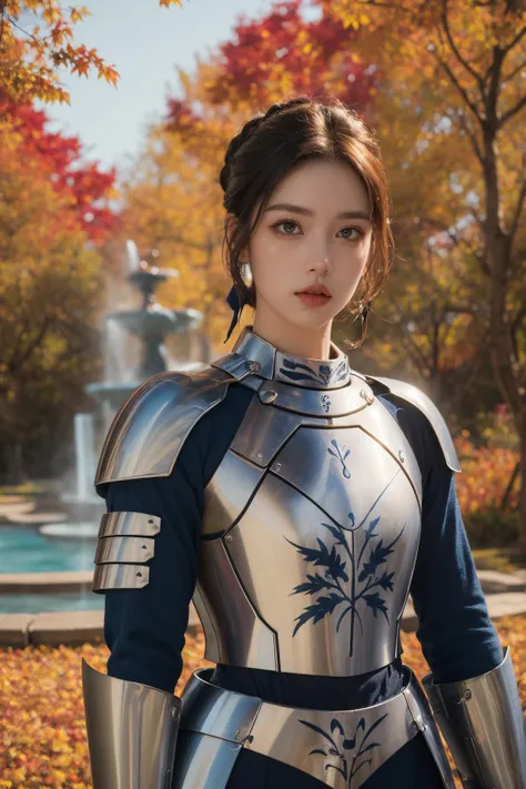 (Best Quality, Masterpiece:1.4), (Realism:1.2), (Realisitc:1.2), (Absurdres:1.2), (photorealistic:1.3), 1girl,Realistic Skin,Solo,( Very Big Eyes,beautiful detailed eyes, symmetric eyes),cowboy shot, (mature female:1.4),cowboy shot,thicc, saber,((gradient hair)), gradient eyes, (glowing eyes:1.3), mascara, (fashion make up), parted lips, braid, hair ribbon, dress, blue ribbon, short hair, long sleeves, shirt, hair bun, (((armor,chest armor))), ((park, fountain, leaves in the air, wall, autumn, trees)),((super detailed background)), dynamic poses,<lora:saber-08:1>