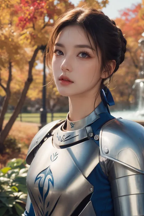 (Best Quality, Masterpiece:1.4), (Realism:1.2), (Realisitc:1.2), (Absurdres:1.2), (photorealistic:1.3), 1girl,Realistic Skin,Solo,( Very Big Eyes,beautiful detailed eyes, symmetric eyes),cowboy shot, (mature female:1.4),cowboy shot,thicc, saber,((gradient hair)), gradient eyes, (glowing eyes:1.3), mascara, (fashion make up), parted lips, braid, hair ribbon, dress, blue ribbon, short hair, long sleeves, shirt, hair bun, (((armor,chest armor))), ((park, fountain, leaves in the air, wall, autumn, trees)),((super detailed background)), dynamic poses,<lora:saber-08:1>