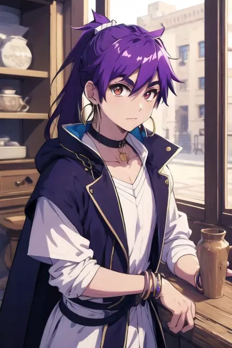 masterpiece, best quality, high quality, 1boy, solo, male focus, looking at viewer, upper body, <lora:sinbad_magi:0.64>, sinbad_magi, purple hair, jewelry, long hair, brown eyes, ponytail, coat