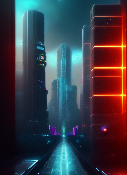 A futuristic city with neon lights and a long road - SeaArt AI