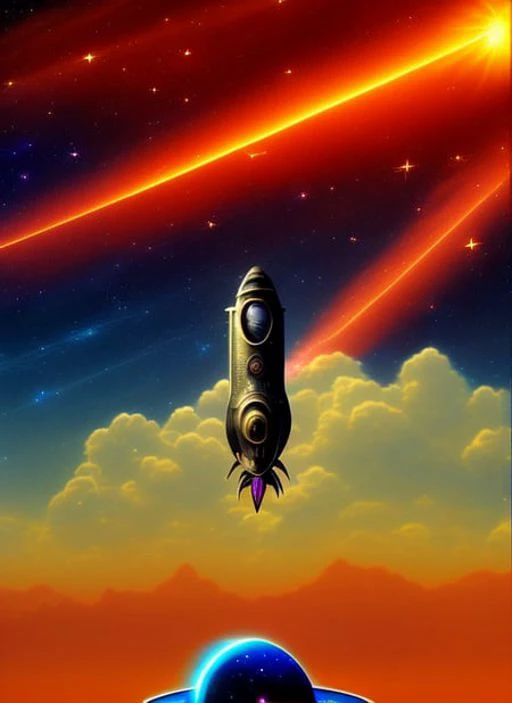 shiny aluminum rocket ship in cosmic space by tim hildebrandt, wayne barlowe, bruce pennington, donato giancola, larry elmore, ray, wings, royal, crest, nautical figurehead, eagle, vulture, tessellation, black hole, flash gordon, copper, brass, fleet, retrofuturism, star trek, enterprise, dust, diffusion, solar sails, sun, colorful nebulae, swirling galaxies, shining metal, glowing engines, masterpiece, trending on artstation, cinematic composition, beautiful lighting, sharp, details, hd, 8 k