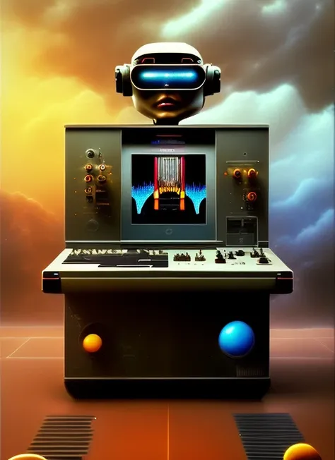 A retrofuturistic scene of an arcade wired mess on synthesizer, mechanical delay, wiring components, ultrago austin metal wiring, iris van Buren, Karol Bak, Kiichi Obituary by Beksinski, david falls fanart robot machine
