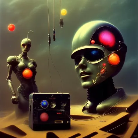 A retrofuturistic scene of an arcade  wired mess on synthesizer, mechanical delay, wiring components, ultrago austin metal wiring, iris van Buren, Karol Bak, Kiichi Obituary by Beksinski, david falls fanart robot machine