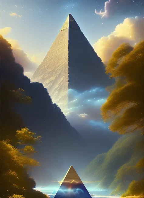 A beautiful lake by Makoto Shinkai and an intricate mystical pyramid over it by Darek Zabrocki and Roberto Aizenberg, beautiful particles, geometric, Vray, Detailed Surrealism, Other Worldly, Astral, 4th Dimension, Monolithic Art