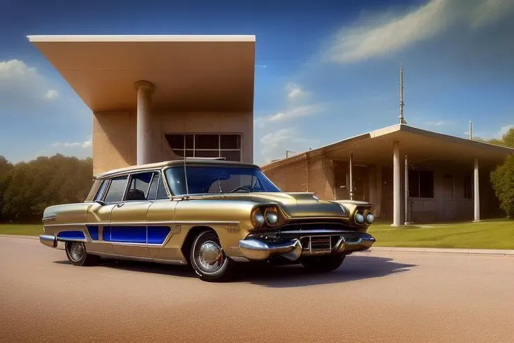 <lora:hrgiger_v10:1>, hrgiger, 1959 weird funny Mercury Monterey Estate prototype with two-tone paint job, Badminton style, background is Route 66 with Art Deco gas station and abandoned diner