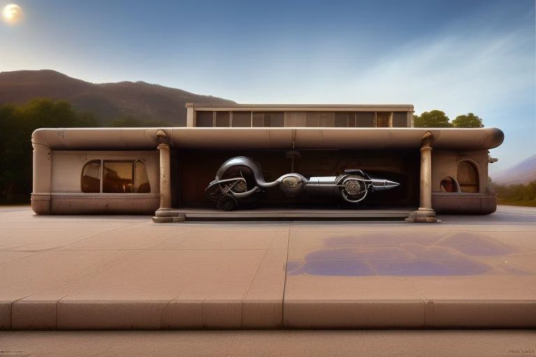<lora:hrgiger_v10:1>, hrgiger, 1959 weird funny Mercury Monterey Estate prototype with two-tone paint job, Badminton style, background is Route 66 with Art Deco gas station and abandoned diner