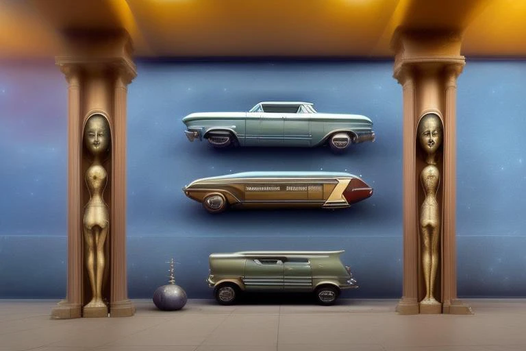 <lora:hrgiger_v10:1>, hrgiger, 1959 weird funny Mercury Monterey Estate prototype with two-tone paint job, Badminton style, background is Route 66 with Art Deco gas station and abandoned diner