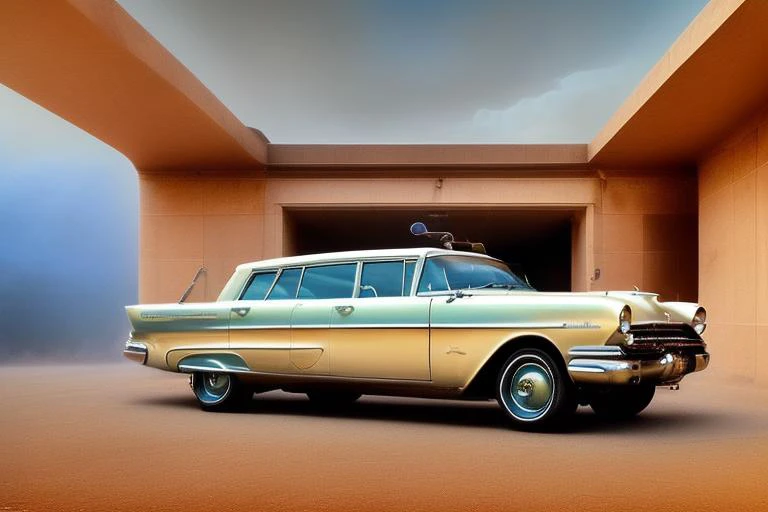 <lora:hrgiger_v10:1>, hrgiger, 1959 weird funny Mercury Monterey Estate prototype with two-tone paint job, Badminton style, background is Route 66 with Art Deco gas station and abandoned diner