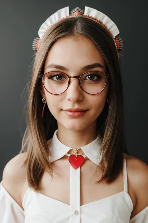 1girl,,  maid headdress, heart,, collar, blonde hair, long hair, , blush, brown eyes, looking at viewer, red collar,, halo, , , upper body,  black background, saliva, collarbone, simple background, teeth, nose blush,, belt collar, top light, maid dress shirt,  earrings,  
     c0rdelia_n0texist glasses