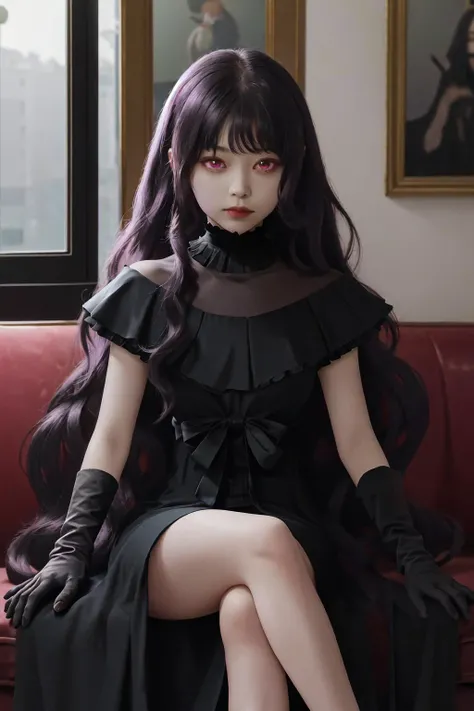 masterpiece, best quality, highres, 1girl tilty claret purple eyes, black choker black dress long dress black gloves black bow frills <lora:tilty_claret:1> sitting, looking at viewer