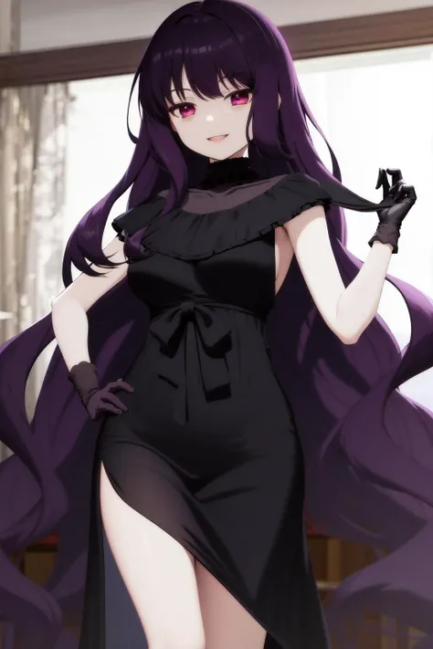 masterpiece, best quality, highres, 1girl tilty claret purple eyes, black choker black dress long dress black gloves black bow frills <lora:tilty_claret:1> hand on hip, smile, standing