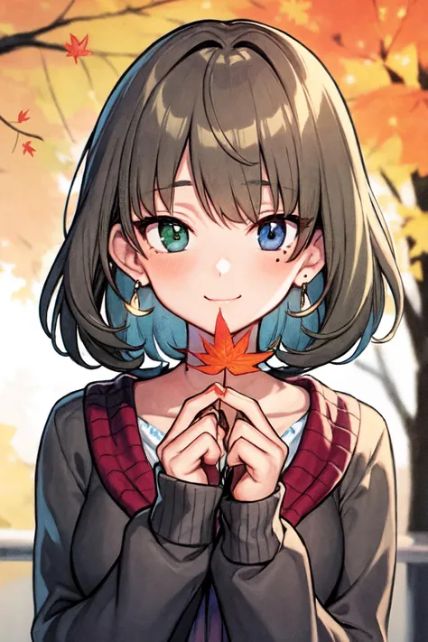 <lora:takagaki kaede_Loha:0.7>, takagaki kaede, 1girl, solo, green eyes, heterochromia, looking at viewer, earrings, jewelry, holding, outdoors, fringe trim, leaf, maple leaf, brown hair, holding leaf, smile, tree, long sleeves, blue eyes, bangs, collarbone, short hair, nail polish, falling leaves, sweater, closed mouth, blurry, cardigan, blush, day, mole under eye,