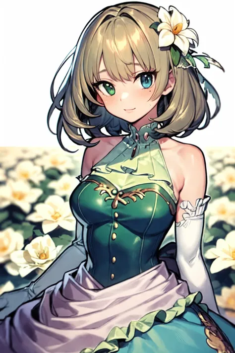 <lora:takagaki kaede_Loha:1>, takagaki kaede, 1girl, solo, green eyes, gloves, elbow gloves, hair flower, hair ornament, dress, white gloves, heterochromia, white flower,blue eyes, blush, bare shoulders, green dress, short hair, frills, breasts, bangs, medium breasts, collarbone, frilled dress, brown hair,