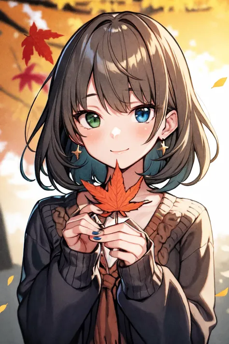 <lora:takagaki kaede_Loha:0.7>, takagaki kaede, 1girl, solo, green eyes, heterochromia, looking at viewer, earrings, jewelry, holding, outdoors, fringe trim, leaf, maple leaf, brown hair, holding leaf, smile, tree, long sleeves, blue eyes, bangs, collarbone, short hair, nail polish, falling leaves, sweater, closed mouth, blurry, cardigan, blush, day,