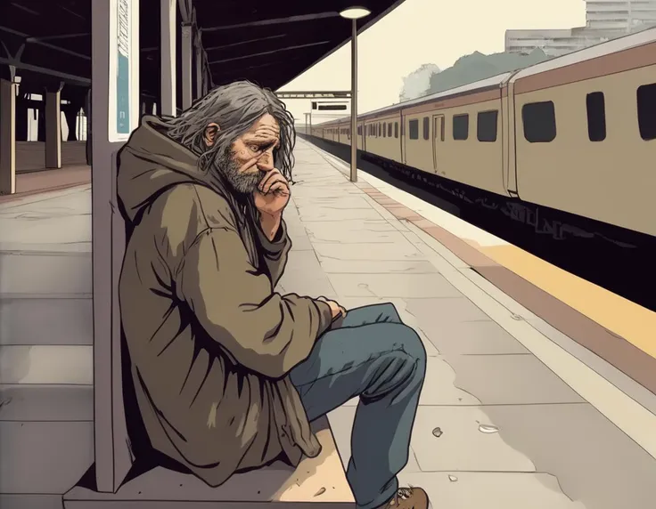 A poignant scene of a homeless person at a train station, displaying a look of utter despair. The character is depicted with worn clothing, disheveled hair, and a face etched with hardship and hopelessness. The setting is a busy or desolate train station, depending on the mood you want to convey, with details like benches, ticket machines, and passing trains or passengers. The scene should be as vivid and detailed as a high-resolution photograph or painting, with soft and somber lighting that emphasizes the homeless person's expression, the texture of the worn clothing, and the contrasting atmosphere of the train station, <lora:houseman:1>, <lora:jsmnStyle:0.75>, jsmn style,  housemanku, ku,