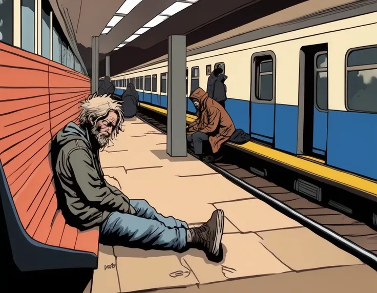 A poignant scene of a homeless person at a train station, displaying a look of utter despair. The character is depicted with worn clothing, disheveled hair, and a face etched with hardship and hopelessness. The setting is a busy or desolate train station, depending on the mood you want to convey, with details like benches, ticket machines, and passing trains or passengers. The scene should be as vivid and detailed as a high-resolution photograph or painting, with soft and somber lighting that emphasizes the homeless person's expression, the texture of the worn clothing, and the contrasting atmosphere of the train station, <lora:houseman:1>, <lora:jsmnStyle:0.75>, jsmn style,  housemanku, ku,