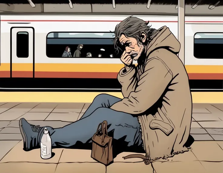 A poignant scene of a homeless person at a train station, displaying a look of utter despair. The character is depicted with worn clothing, disheveled hair, and a face etched with hardship and hopelessness. The setting is a busy or desolate train station, depending on the mood you want to convey, with details like benches, ticket machines, and passing trains or passengers. The scene should be as vivid and detailed as a high-resolution photograph or painting, with soft and somber lighting that emphasizes the homeless person's expression, the texture of the worn clothing, and the contrasting atmosphere of the train station, <lora:houseman:1>, <lora:jsmnStyle:0.75>, jsmn style,  housemanku, ku,