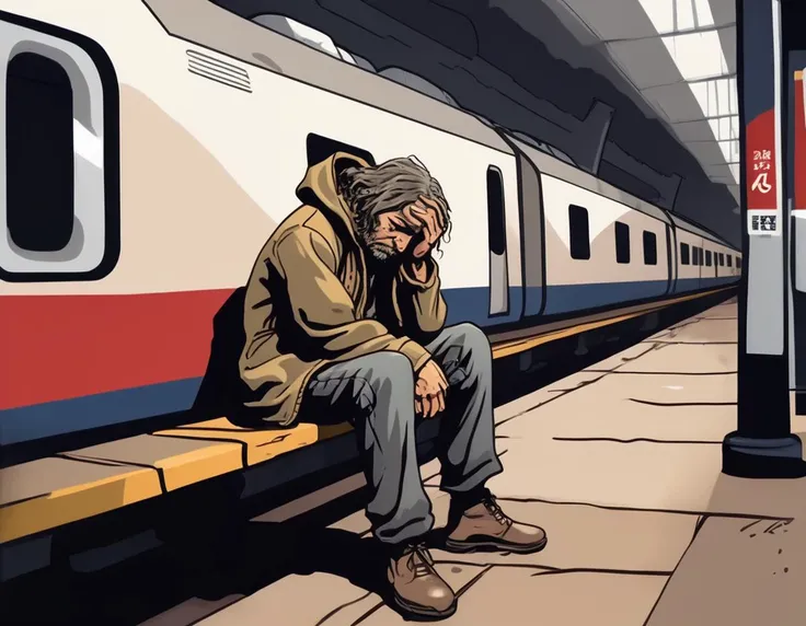 A poignant scene of a homeless person at a train station, displaying a look of utter despair. The character is depicted with worn clothing, disheveled hair, and a face etched with hardship and hopelessness. The setting is a busy or desolate train station, depending on the mood you want to convey, with details like benches, ticket machines, and passing trains or passengers. The scene should be as vivid and detailed as a high-resolution photograph or painting, with soft and somber lighting that emphasizes the homeless person's expression, the texture of the worn clothing, and the contrasting atmosphere of the train station, <lora:houseman:1>, <lora:jsmnStyle:0.75>, jsmn style,  housemanku, ku,