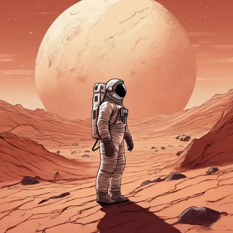 an astronaut on mars, surreal landscape, jsmn style <lora:jsmnStyle:1>