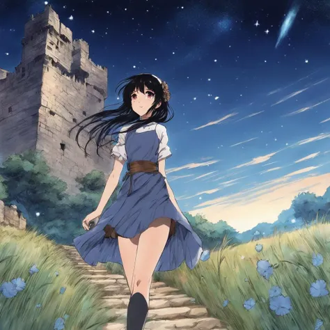 jsmn style, flying ruins of an ancient castle,  grass, daylight, black hair, blue flower, blurry, starry sky, depth of field, girl, walking
Japanimation Japanese Animation (Ink Manga:1.2) (manga:2.0) (anime:1.5) <lora:JasmineStyleV2:1.3>