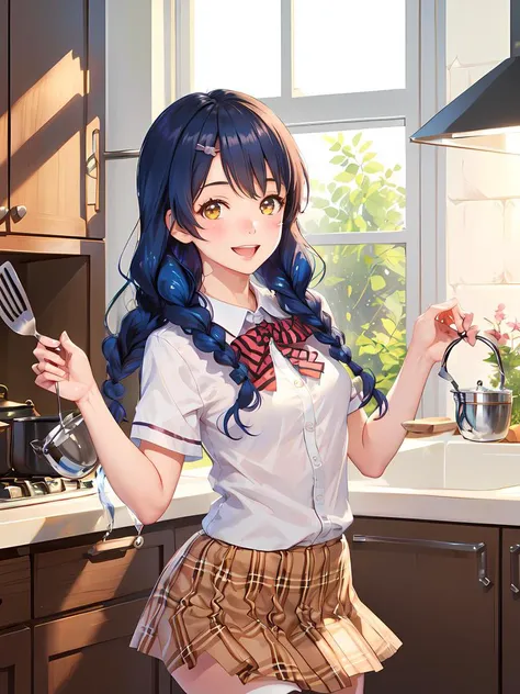 (masterpiece, best quality:1.2), 1girl, <lora:MegumiTadokoro:1>, Megumi, (blue hair), (school uniform), wide smile, pink lips, elation, joyful expression, happy eyes, major blush, [thighs], hands in the air. (background), [kitchen], family kitchen, welcoming background