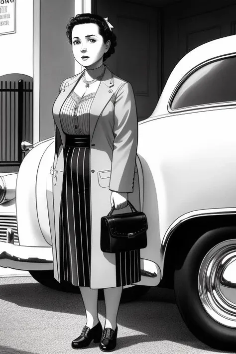 <lora:envybetterhandsLocon_alpha3:1>, <lora:AddamsLORA:1>, AddamsLORA , illustration, greyscale, a woman standing next to a vintage car
