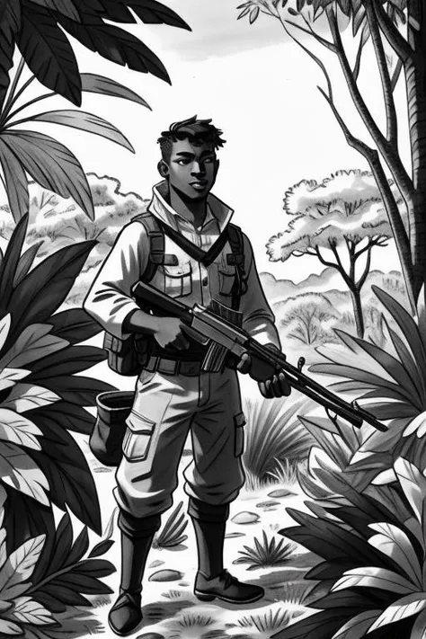 <lora:envybetterhandsLocon_alpha3:1>, <lora:AddamsLORA:0.9>, AddamsLORA , illustration, greyscale, a male hunter with a rifle  in the african jungle