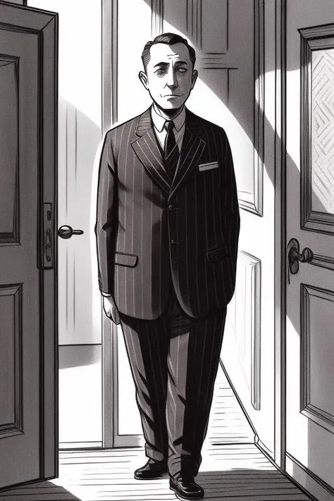 a cartoon of a man in a suit and tie holding a sign, pixivs and junji ito, black and white manga panel, black and white manga page, ito junji art, shinigami, inspired by Sugimura Jihei, black and white manga comic, junji ito style, inspired by Uragami Gyokudō