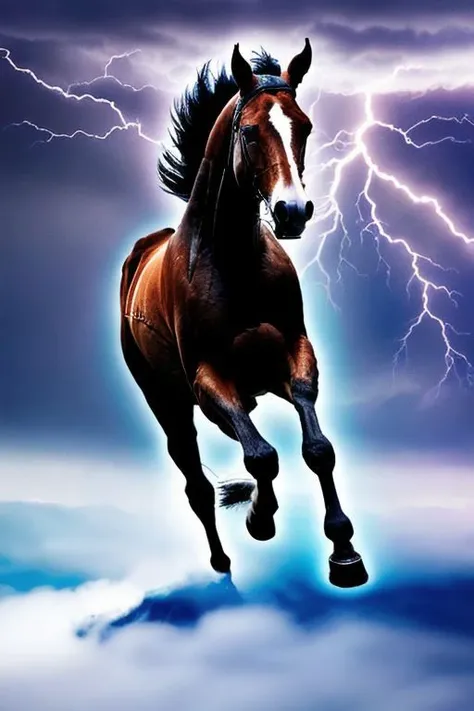 Masterpiece, front angle, professional photo style: a beautiful muscular horse gallops among the clouds in the sky, rain, lightning around, evil look, lighting from sparkling lightning, excellent drawing, details