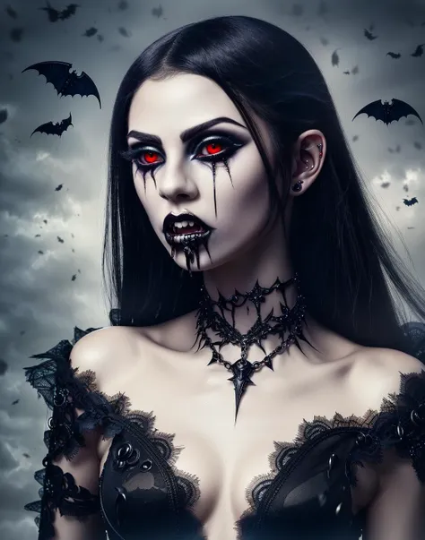 scary vampire girl, monster, black magic, high quality raw photo, excellent composition, (cinematic lighting, cinematic colors, masterpiece, high detailed, best quality, photorealistic, ultra realistic, 8k hdr:1.2)