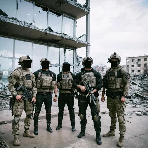 f0g <lora:f0g-v1.7:1>, cinematic photo of a group of soldiers posing for a picture, destroyed building in background, in a destroyed eastern european city, ukraine, black rectangle in front of face, 35mm film, movie still, best quality, instagram