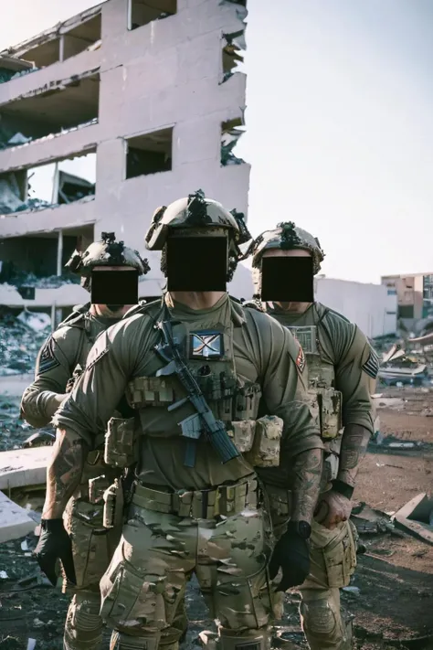 f0g <lora:f0g-v1.7:1>, cinematic photo of a group of soldiers posing for a picture, destroyed building in background, black rectangle in front of face, 35mm film, movie still, best quality, instagram