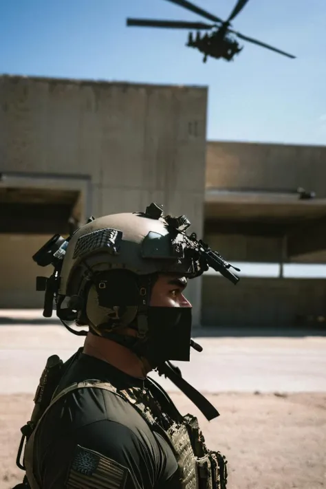 f0g <lora:f0g-v1.7:1>, cinematic photo of soldiers, (military helicopter in background:1.1), black rectangle in front of face, 35mm film, movie still, best quality, instagram