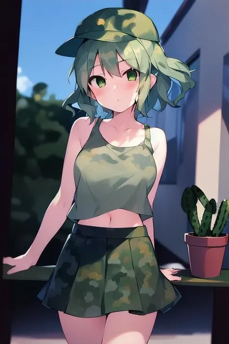 1girl, takane, green hair, green eyes, curled short hair,blue camo hat, green camo skirt, white tank top, looking at viewer, cactus <lora:takanetanktop:0.8>