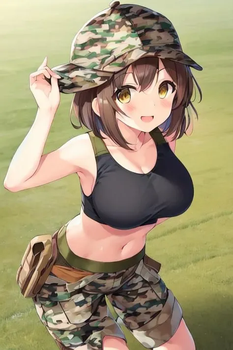 1girl, smile, blush, camo hat, layered bob hair, brown hair, brown eyes, yellow sport bra, hot pants, large breasts grass <lora:tanktoptakane:1>