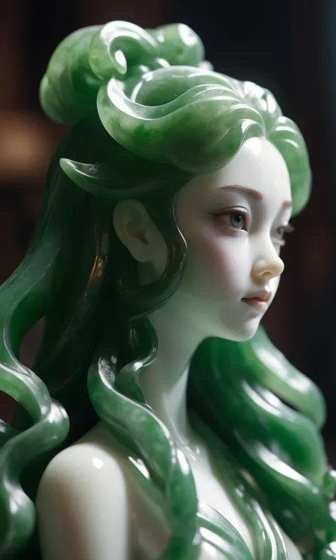 jade Sculpture,jade,realistic,1 girl,hair ornament,close up shot,pure white skin,cinematic light,