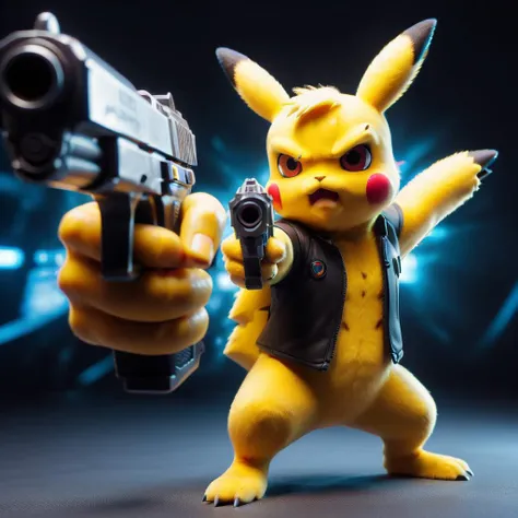 Action shot of a fututristic Pikachu with glowing eyes and glowing core pointing pistol at the viewer, futuristic labb in background, HD, masterpiece, best quality, hyper detailed, ultra detailed, <lora:XL_Weapon_pistol:0.8> pointing pistol