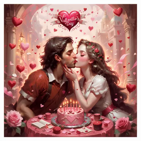 A cartoon-style illustration of lovers kissing, surrounded by Valentine's Day elements. The scene is vibrant and filled with hearts, Cupid's arrows, and pink and red decorations. Both characters exhibit exaggerated, joyful expressions of love, with their eyes closed in a blissful kiss. The background is adorned with symbols of romance, such as roses, chocolates, and a banner proclaiming 'Happy Valentine's Day,' all rendered in a playful, animated aesthetic, <lora:godoil:0.8>