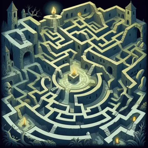 Generate an image in a cartoon style, depicting a dark and complex labyrinth. The maze should be filled with intertwining paths, shadowy corners, and mysterious dead ends, all under a gloomy ambiance. The walls of the labyrinth are adorned with enigmatic symbols and faint, eerie glows that barely light the way. This cartoonish maze invites a sense of adventure and mystery, perfect for a story of intrigue and exploration, <lora:maze:0.65>