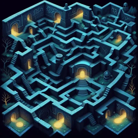Generate an image in a cartoon style, depicting a dark and complex labyrinth. The maze should be filled with intertwining paths, shadowy corners, and mysterious dead ends, all under a gloomy ambiance. The walls of the labyrinth are adorned with enigmatic symbols and faint, eerie glows that barely light the way. This cartoonish maze invites a sense of adventure and mystery, perfect for a story of intrigue and exploration, <lora:maze:0.65>