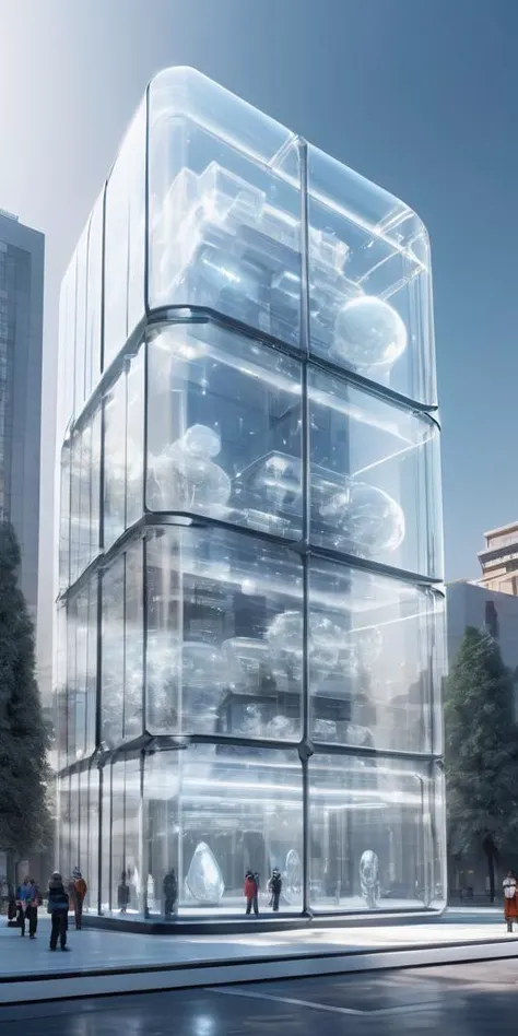 Perfect image quality, high-definition 8K, movie scenes, glass architecture, white, ceramic texture, crystal glass, futuristic technology, robots, warm lighting,
