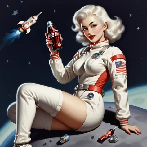 The image features an illustration of a woman wearing a spacesuit with a combination of white and black, accented with stripes and stars. She is styled in the manner of a classic pin-up, lounging in a pose with space-themed elements. Her right hand is holding a Coca-Cola bottle, while her left supports one of her knees which is bent, implying a sense of casual relaxation. She has white hair and her lips are brightly colored, possibly red, contributing to the retro-futuristic look. No space gun is consistently mentioned, and since the image does not contain text, there are no OCR readings to clarify. The background of the poster is red, and the image is adorned with yellow stars. Due to discrepancies about the exact number and position of stars, it is not possible to give an accurate count or arrangement of them in the scene. <lora:Art_Frahm:0.8> 1950s