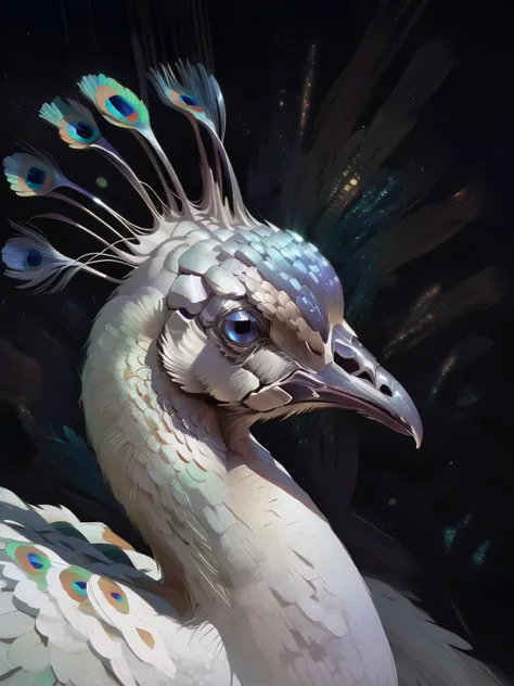 digioils style, a white peacock with bismuth feathers and beak, cool colours, abstract, black background, portrait, (SimplePositiveXLv2:1),<lora:Digital_Painterly_Oils_2:1>