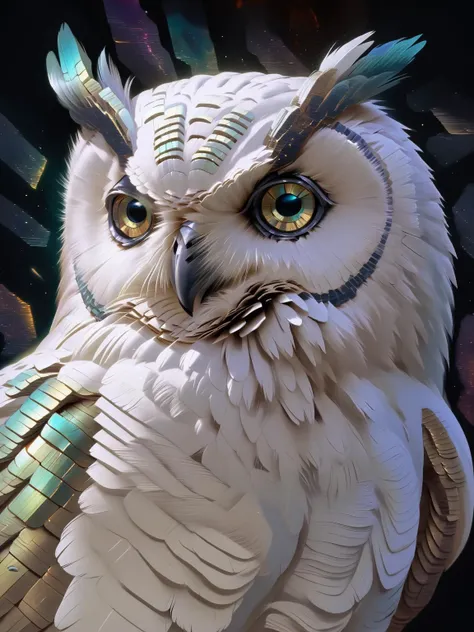 digioils style, a white owl with bismuth feathers and eyes, cool colours, abstract, black background, portrait, (SimplePositiveXLv2:1),<lora:Digital_Painterly_Oils_2:1>