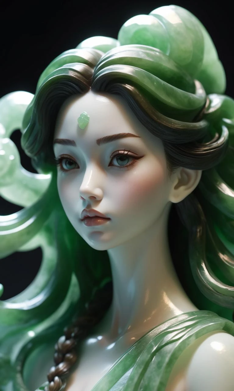 jade Sculpture,jade,realistic,1 girl,hair ornament,close up shot,pure white skin,cinematic light,