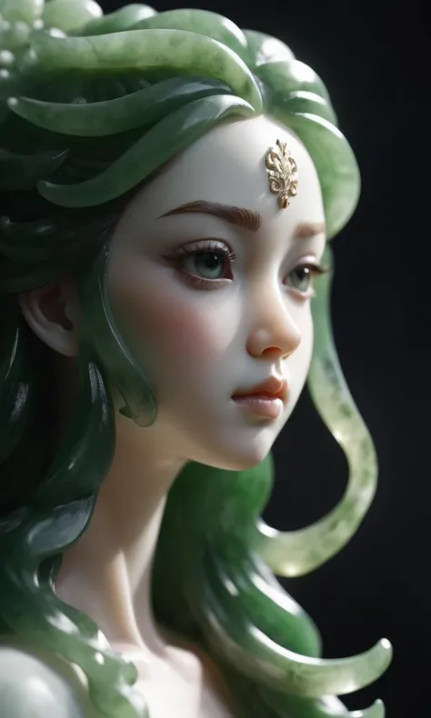 jade Sculpture,jade,realistic,1 girl,hair ornament,close up shot,pure white skin,cinematic light,