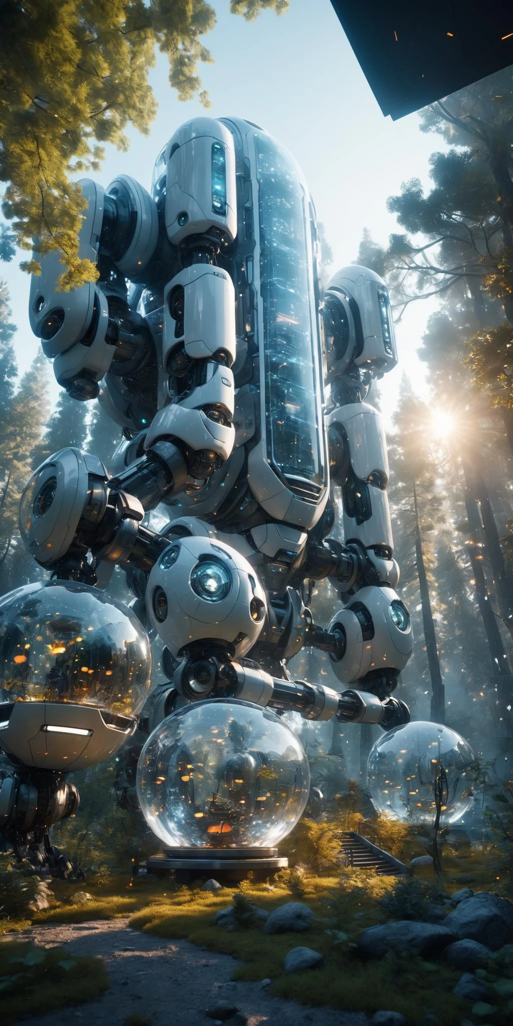HD 8K, movie scenes, warm lighting, glass architecture, high saturation, contrasting composition, white, ceramic texture, crystal glass, futuristic technology, robots, forests, fireflies, fantasy scenes,