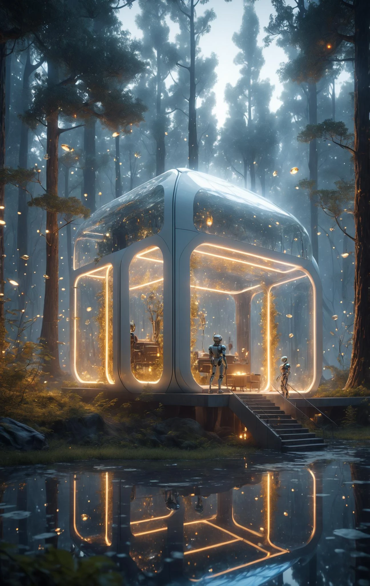 HD 8K, movie scenes, warm lighting, glass architecture, white, ceramic texture, crystal glass, futuristic technology, robots, forests, fireflies, fantasy scenes,
