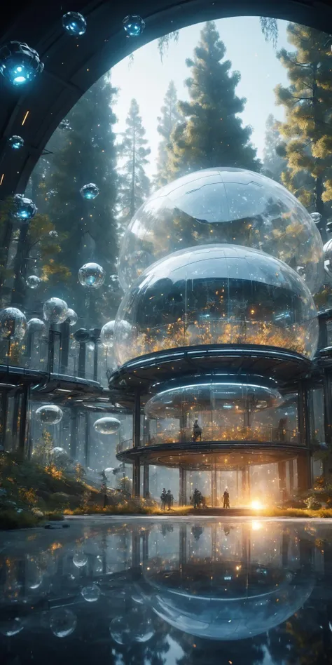 HD 8K, movie scenes, warm lighting, glass architecture, high saturation, contrasting composition, white, ceramic texture, crystal glass, futuristic technology, robots, forests, fireflies, fantasy scenes,