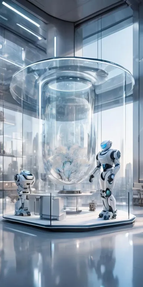 Perfect image quality, high-definition 8K, movie scenes, glass architecture, white, ceramic texture, crystal glass, futuristic technology, robots, warm lighting,